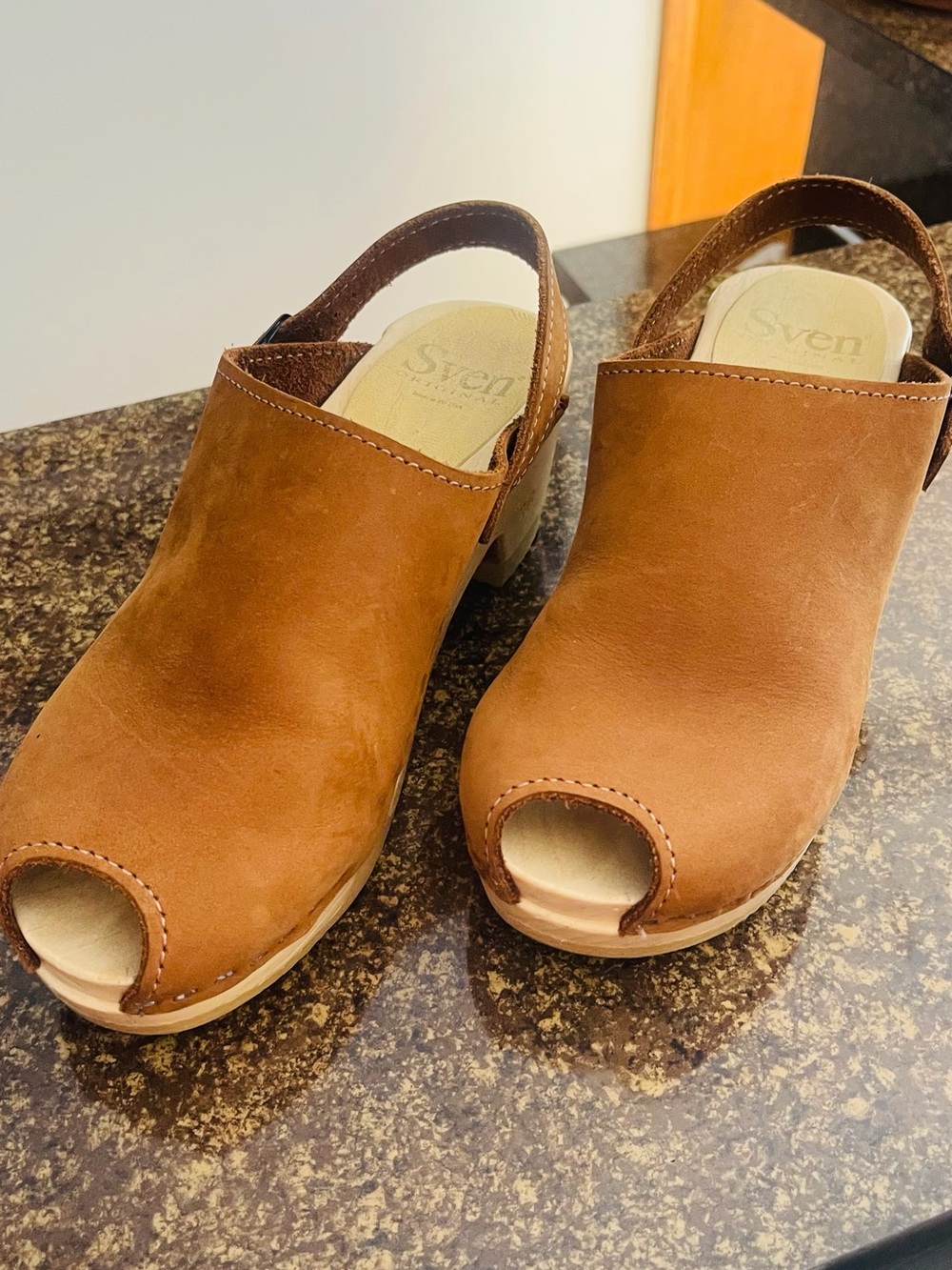 Sven Tan Leather Peep-Toe Slingback Clogs